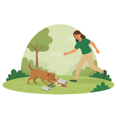 Gefährliche Dinge fressen: Ein Hund scannt mit der Nase am Boden eine Wiese nach Müll oder Giftködern, während der Halter besorgt die Leine hält.