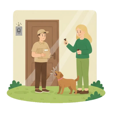 Hund bellt Besucher an: Illustration einer Situation an der Haustür, bei der ein Hund einen eintretenden Gast lautstark verbellt und die Situation für alle Beteiligten angespannt ist.