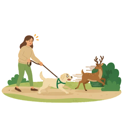 Jagdtrieb: Ein Hund zieht mit fixiertem Blick stark an der Leine, um einem davonlaufenden Reh im Wald hinterherzujagen, während die Halterin versucht gegenzuhalten.