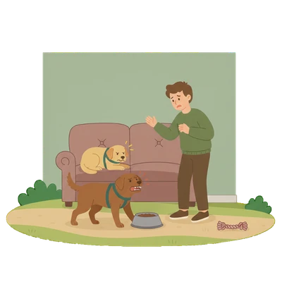 Ressourcenverteidigung: Illustration eines Hundes, der knurrend seinen Futternapf und seinen Platz auf der Couch gegenüber einem anderen Hund und einer Person verteidigt.