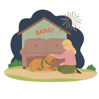 Unsicherheit (Geräuschangst): Ein verängstigter Hund kauert unter einem Sofa, während draußen ein Feuerwerk explodiert und eine Bezugsperson ihn beruhigend streichelt.