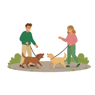 Leinenaggression: Illustration im flachen Design-Stil: Zwei Hunde bellen sich an der Leine aggressiv an, während die Halter sichtlich gestresst versuchen, die Situation zu kontrollieren.
