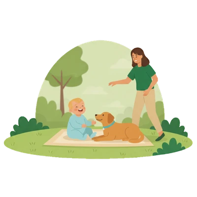Hund und Baby: Ein Hund beobachtet aus sicherer Distanz mit leicht angespannter Körperhaltung ein Babybett, was die Phase der Zusammenführung symbolisiert.