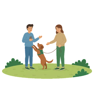 Hund springt Leute an: Illustration eines stürmischen Hundes, der an einer Person hochspringt, die mit abwehrender Körperhaltung reagiert.