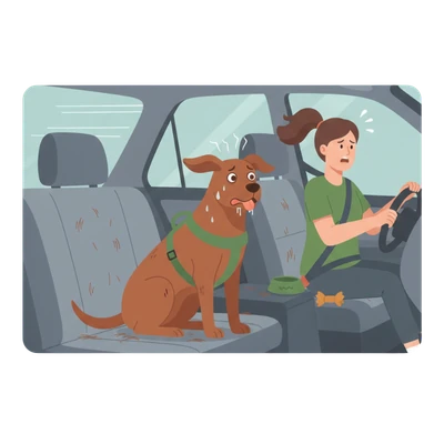 Illustration: aufgeregter Hund auf dem Rücksitz eines Autos mit seiner Halterin