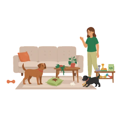 Illustration: Hund vor einem beschädigten Sofa und zerbissenen Gegenständen im Wohnzimmer