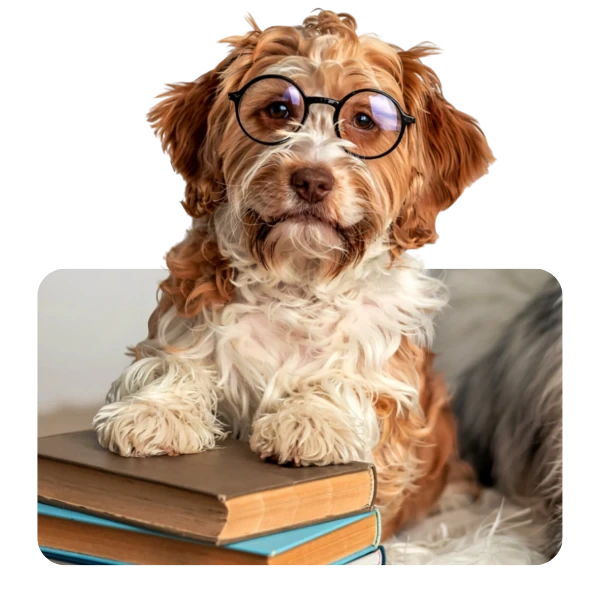 Hund mit Brille und Pfoten auf einem Stapel Bücher